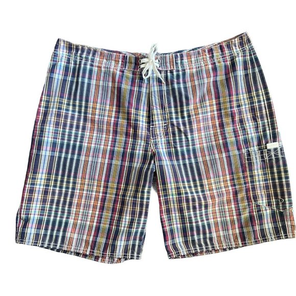 Polo Ralph Lauren Madras Plaid Board Shorts Y2K Mens 35 Swim Trunks Surf Preppy - Picture 1 of 12